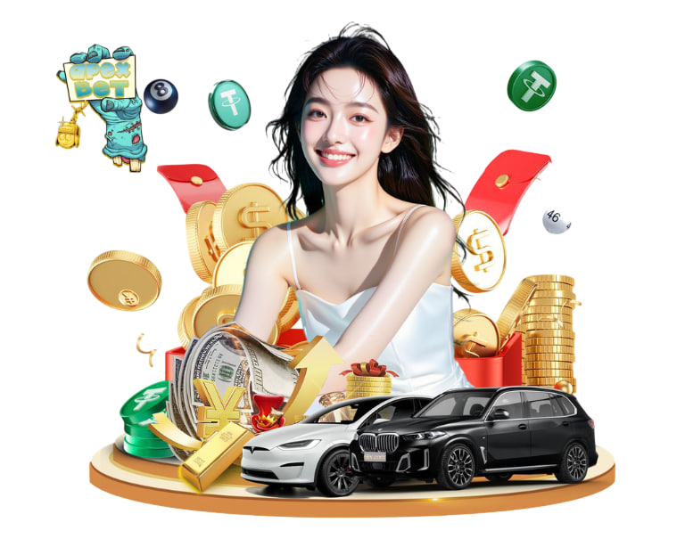 ภาพโปรโมท APEXBET แสดงผู้หญิงยิ้มสดใส รายล้อมด้วยเหรียญเงิน สกุลเงิน รถหรู และสัญลักษณ์เกมคาสิโน สื่อถึงการลงทุน ความมั่งคั่ง และโอกาสทำกำไรจากการเดิมพันออนไลน์